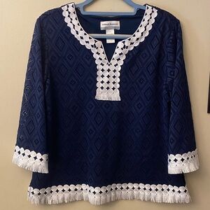 Alfred Dunner Navy and White Crochet Detail Top